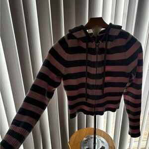 Pink and Gray Striped knit Hoodie with Cinch Waist